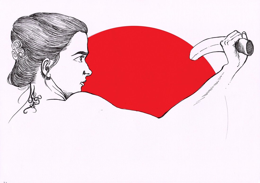 Ink illustration by Deepak Vishwakarma — profile portrait with a red fan