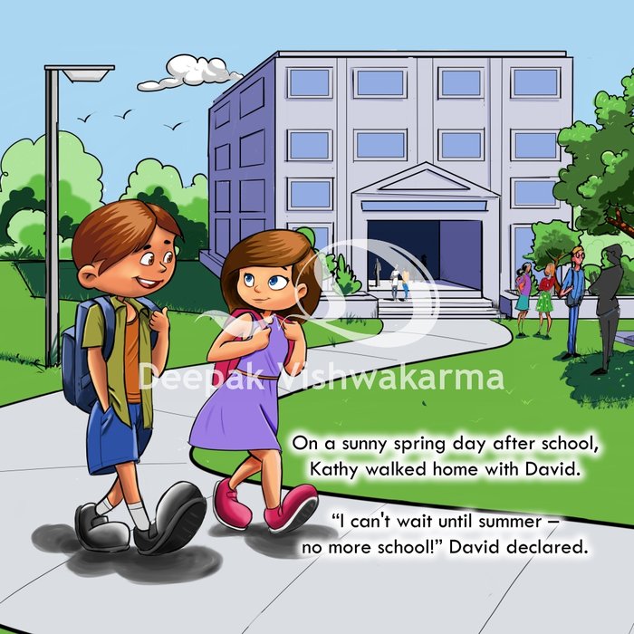 Children's book illustration of two kids walking home from school