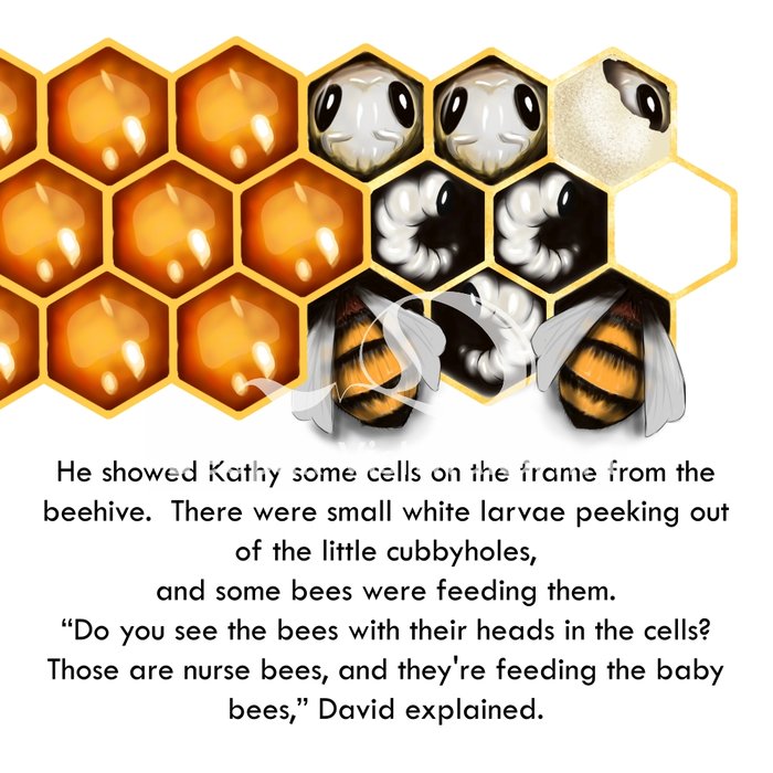 Children's book illustration of larvae in a honeycomb