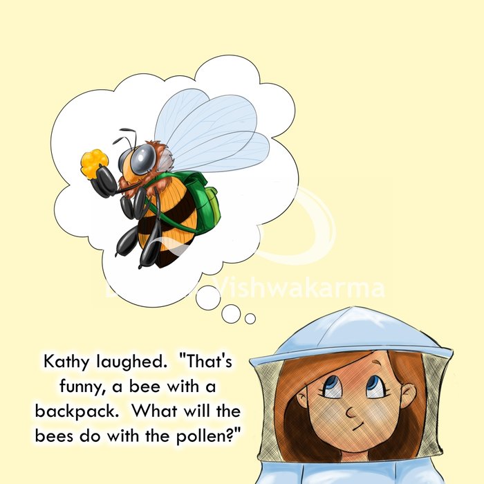 Children's book illustration of a girl imagining a bee wearing a backpack