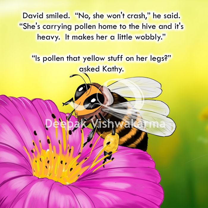Children's book illustration of a bee carrying pollen on its legs