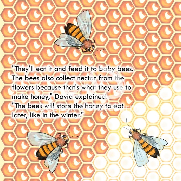 Children's book illustration of a honeycomb with bees, closing page