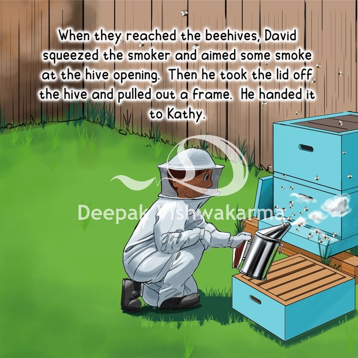 Children's book illustration of a beekeeper opening a hive with a smoker