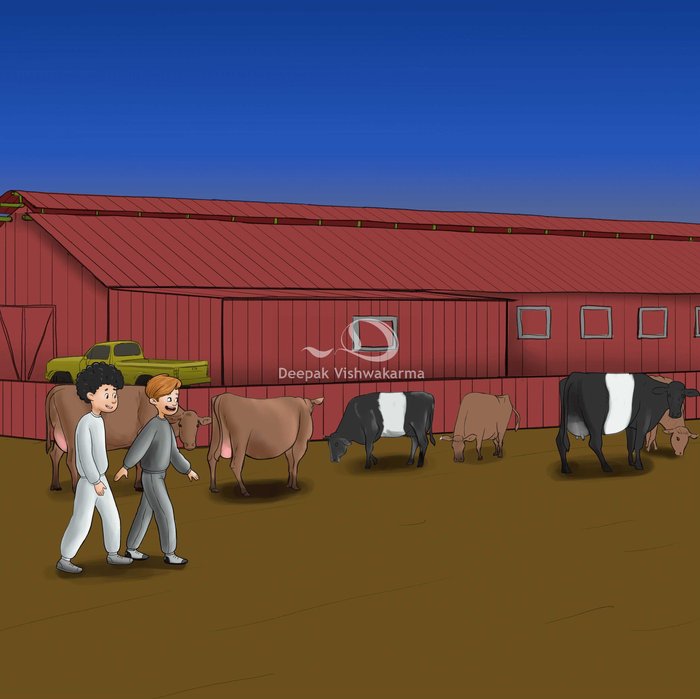 Children's book illustration of two people walking among cows toward a barn