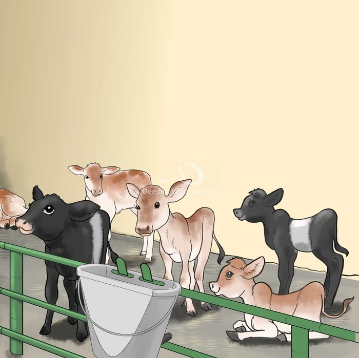 Children's book illustration of baby calves at a fence