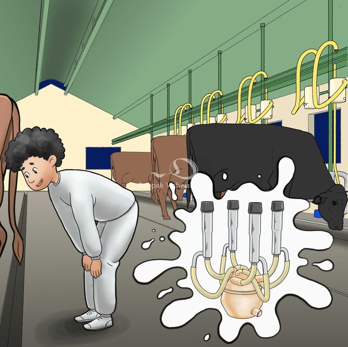 Children's book illustration of a comedic milk splash