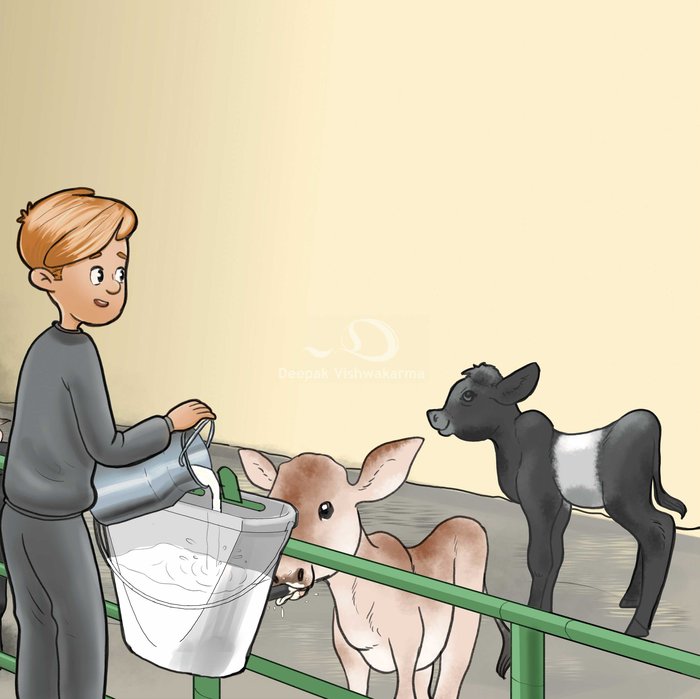 Children's book illustration of a boy feeding a calf