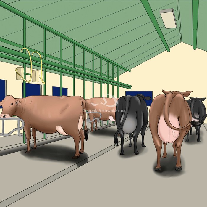 Children's book illustration of cows lined up in milking stalls