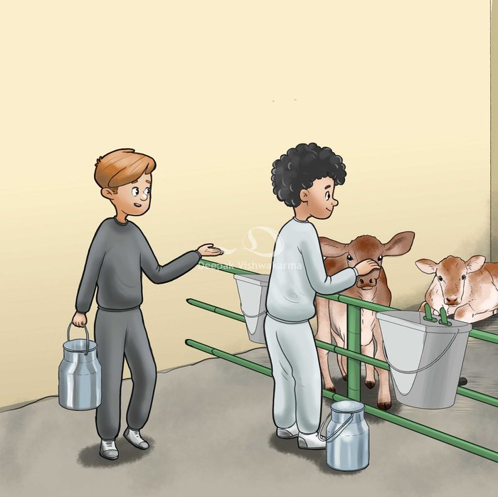 Children's book illustration of two children feeding calves