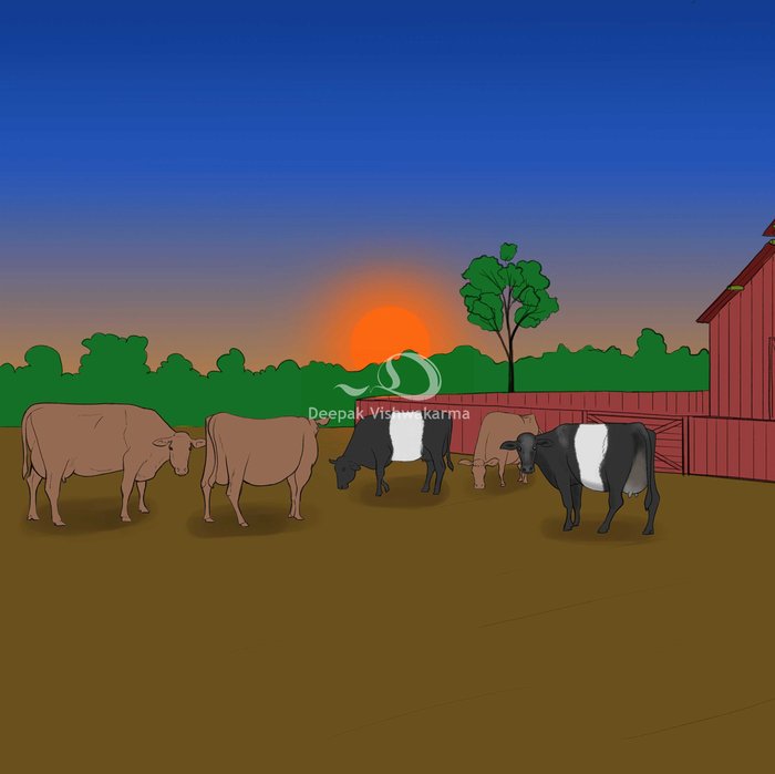 Children's book illustration of cows outside a red barn at dusk