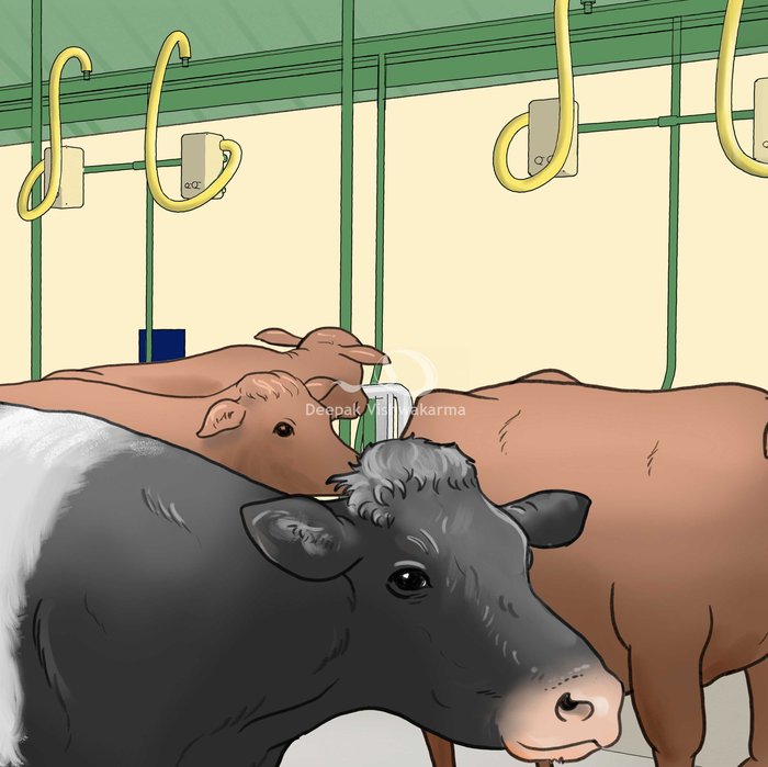 Children's book illustration, close-up of a cow's face