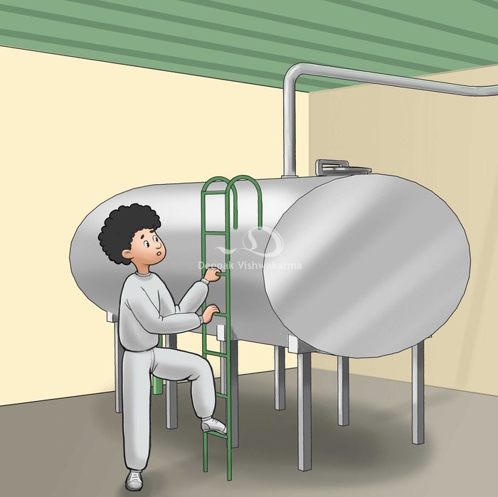 Children's book illustration of a boy beside a large steel milk tank