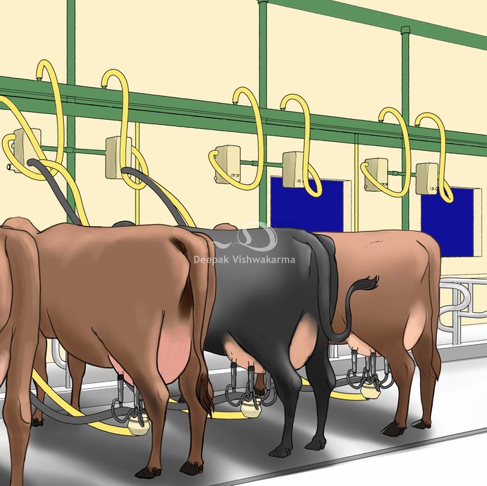 Children's book illustration of cows hooked to milking machines
