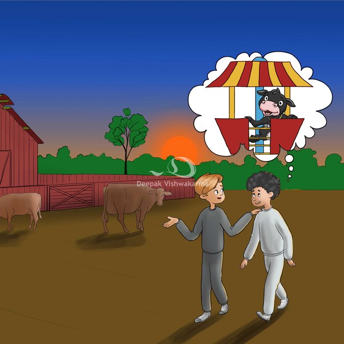 Children's book illustration of two boys walking home, thought bubble of a treat