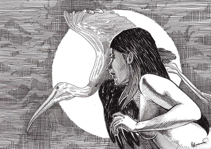 Cross-hatched ink illustration of a girl beside an ibis