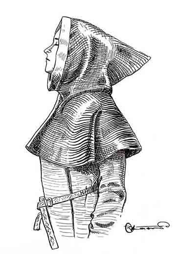Ink illustration of a figure in a medieval dress