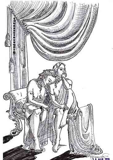 Ink illustration of two friends seated together